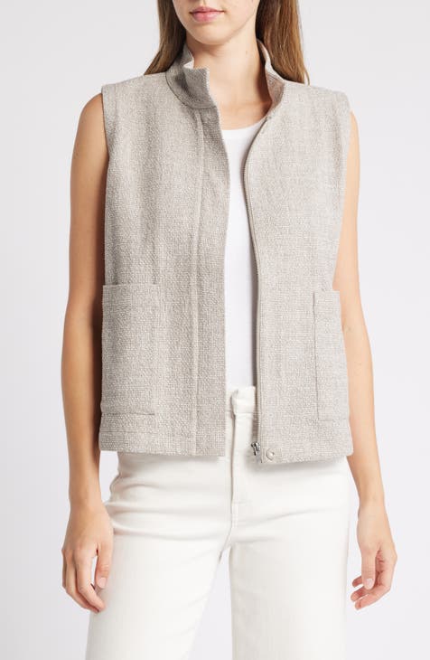 EILEEN FISHER Womens Ivory Pocketed Zippered Quilted Buttoned Sleeveless Stand Collar Vest Top