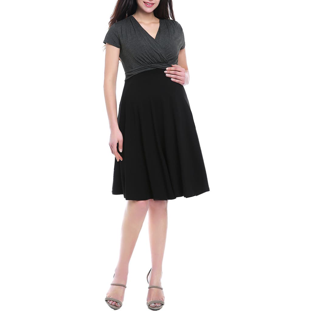 Kimi And Kai Sarah Faux Wrap Maternity/nursing Dress In Black/grey