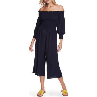 1.state Off The Shoulder Smocked Wide Leg Crop Jumpsuit, Blue