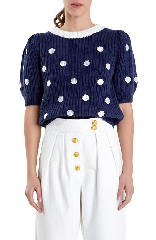 English Factory Shell Embroidered Puff Sleeve Sweater In Navy/white