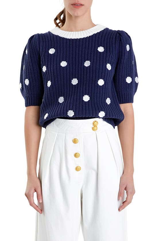 Shop English Factory Shell Embroidered Puff Sleeve Sweater In Navy/ White