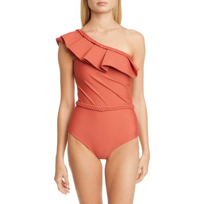 Johanna Ortiz Ruffle One-Shoulder One-Piece Swimsuit, Red