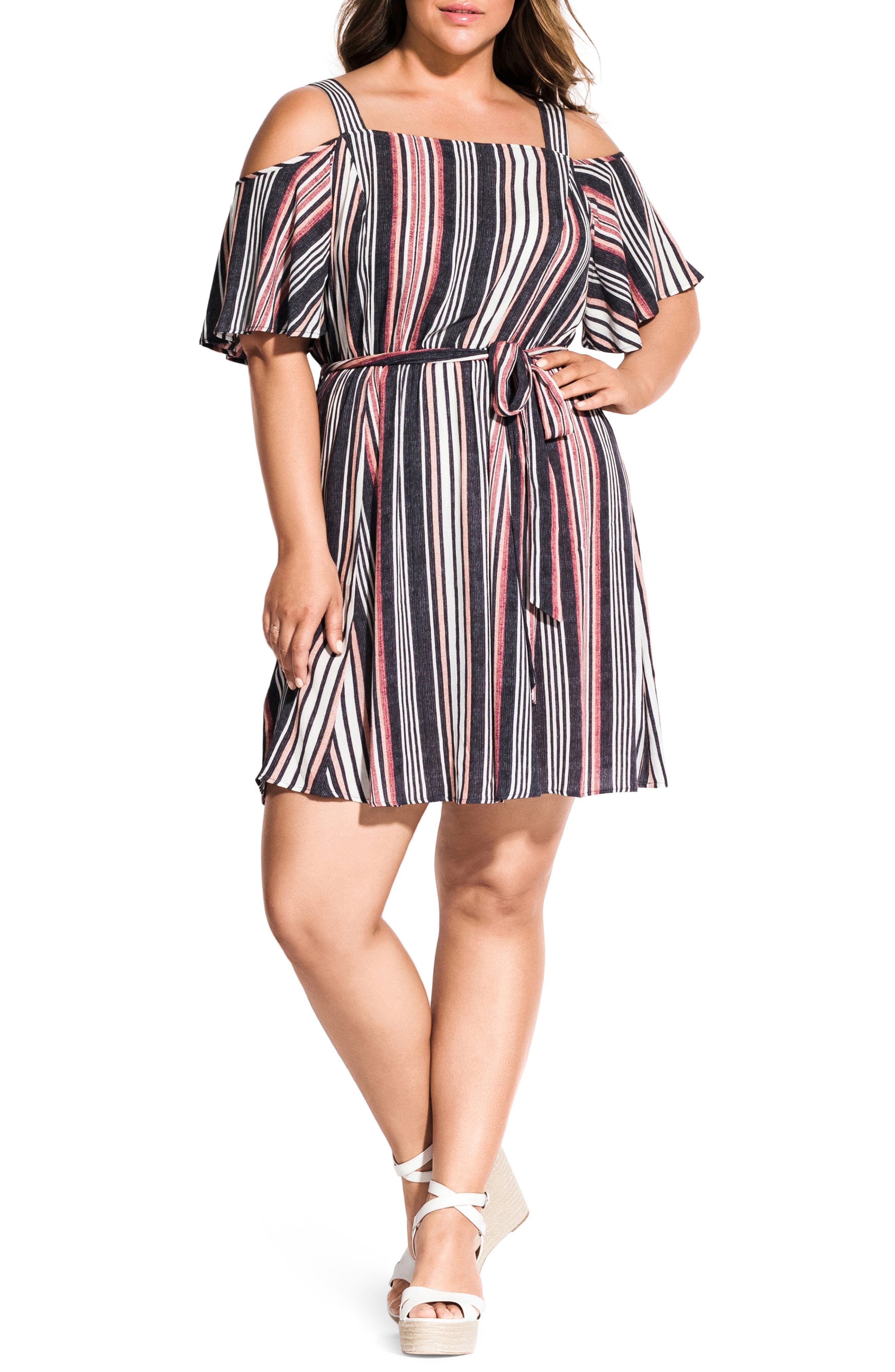 Plus Size City Chic Rose Stripe Cold Shoulder Dress, None