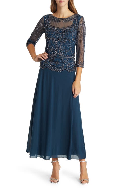Pisaro Nights Beaded Mesh Mock Two-Piece Gown in Rich Sapphire