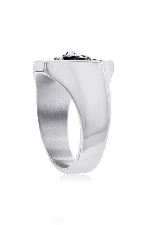 Blackjack Stainless Steel Lion Signet Ring In Oxidized Stainless