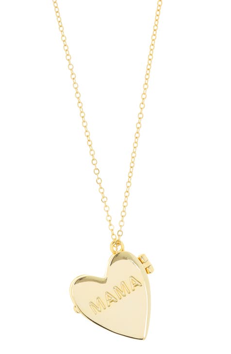 14K Gold Plated Mama Engraved Heart Locket Pendant Necklace