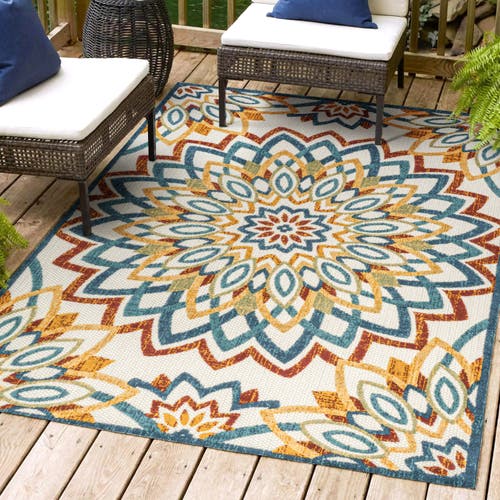 Jonathan Y Flora Abstract Bold Mandala High-low Indoor/outdoor Area Rug In Red/blue/yellow