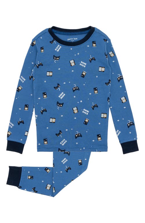Petit Lem Kids' Game Over Glow in the Dark Fitted Organic Cotton Two-Piece Pajamas in 603 Royal Blue