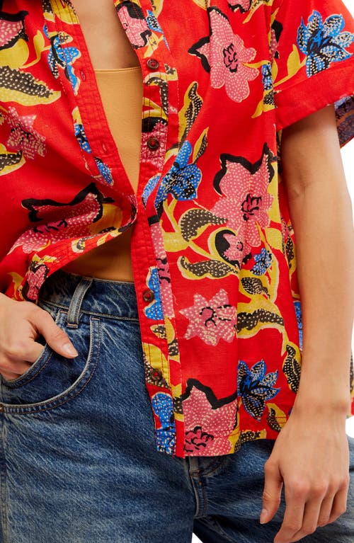Free People Retro Tropics Palm Print Short Sleeve Button-up Shirt In Red Combo