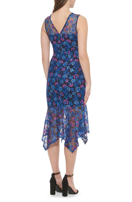 Shop Kensie Floral Embroidered Sleeveless Midi Dress In Navy/fuschia