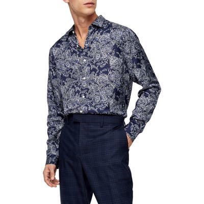 Topman Slim Fit Floral Button-Up Shirt, Blue