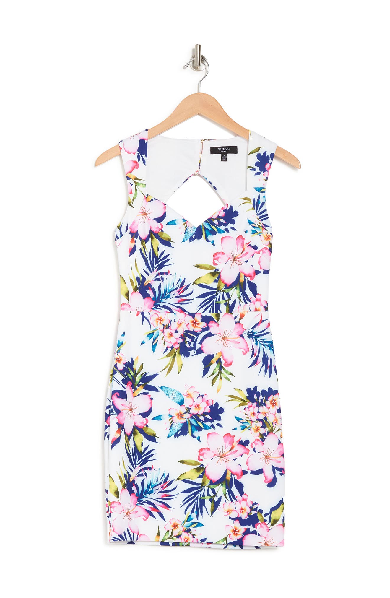 Guess Sweetheart Neck Tropical Print Scuba Dress In White Mult