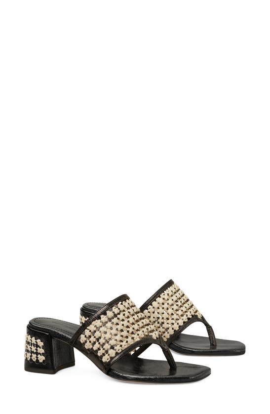 Tory Burch Raffia Block Heel Sandal In Perfect Black / Natural | ModeSens