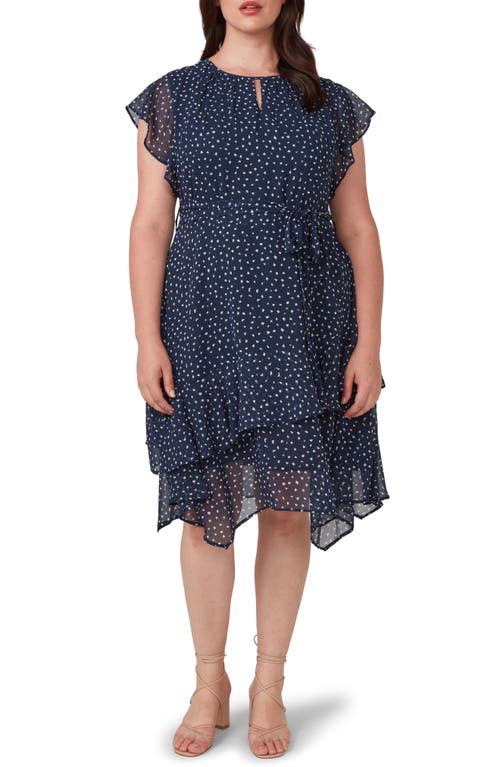 Shop Estelle Night Pebble Ruffle Tie Waist Dress In Navy/milk