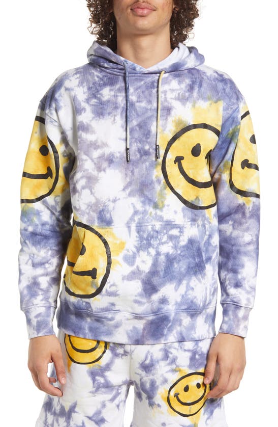 Market X Smiley Allover Print Tie-dye Hoodie Sweatshirt In Yellow Blue Tie-dye