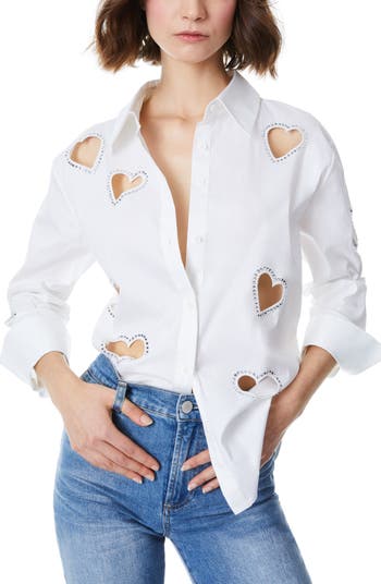 Alice + Olivia Crystal Heart Cutout Detail Cotton Blend Button-Up