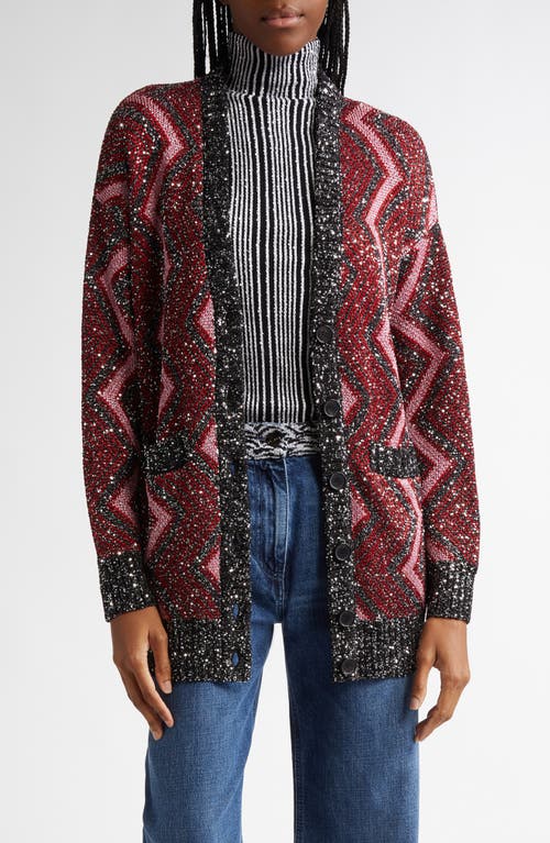 Shop Missoni Sequin Metallic Zigzag Stripe Cardigan In Red - Rose - Black