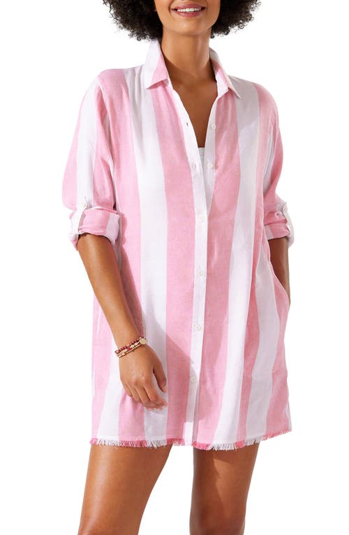 Rugby Beach Stripe Cover-Up Tunic Shirt in Coral Coast