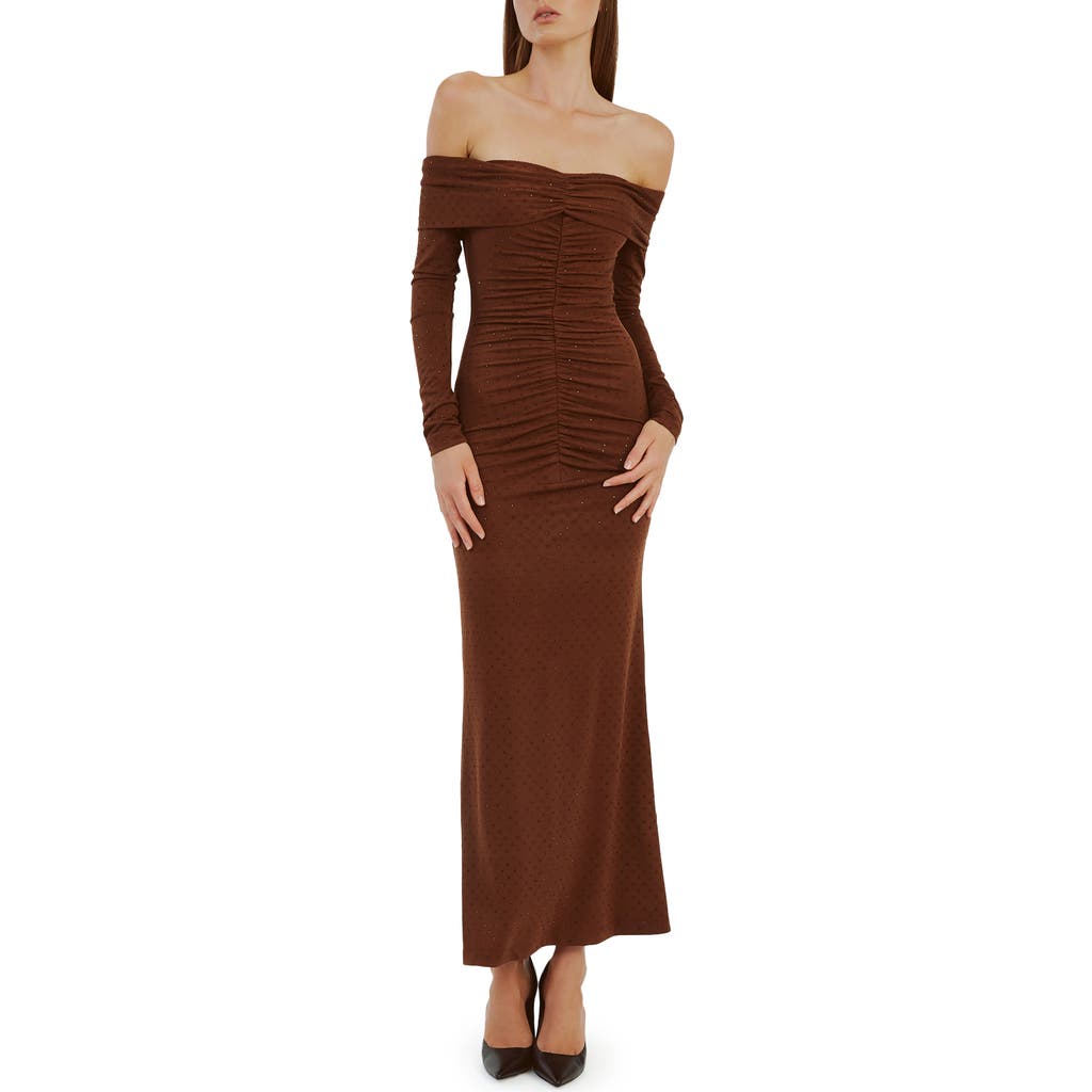 Shop Bardot Artura Diamante Off The Shoulder Long Sleeve Maxi Dress In Chocolate