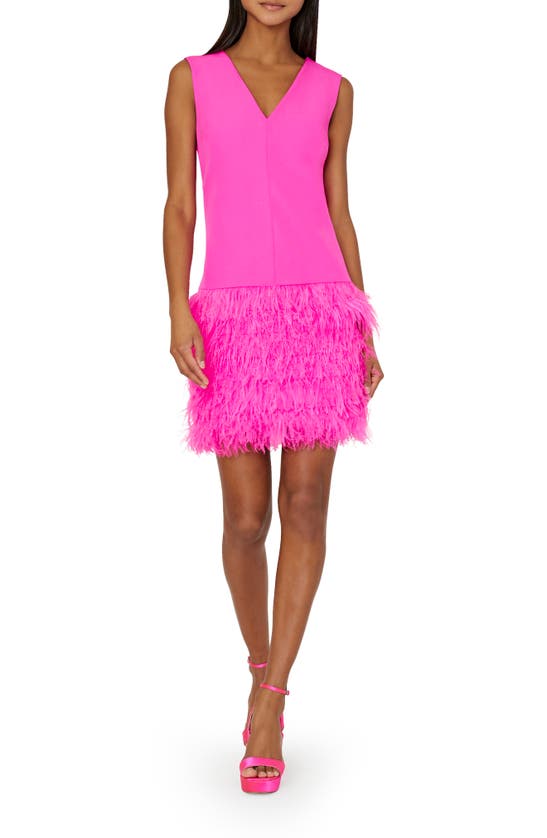 Milly Veronica Feather Hem Dress In Barbie Pink