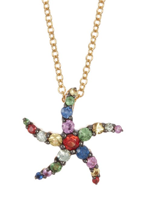 14K Yellow Gold Multi-Color Gemstone Star Pendant Necklace