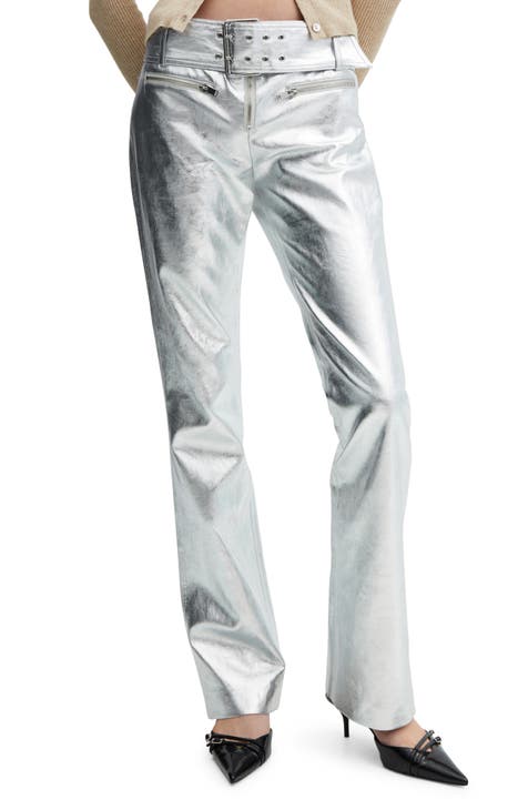Belted Metallic Faux Leather Pants