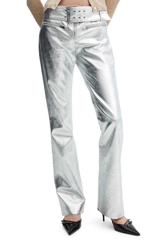 Shop Mango Belted Metallic Faux Leather Pants In Silver