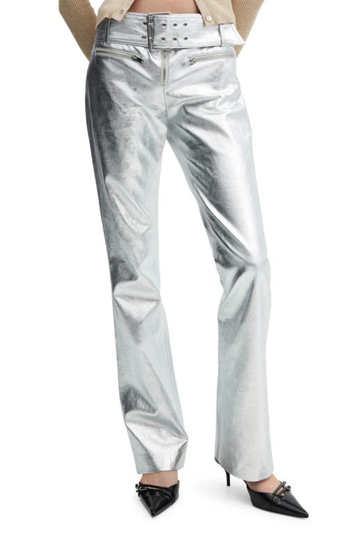 Belted Metallic Faux Leather Pants in Silver