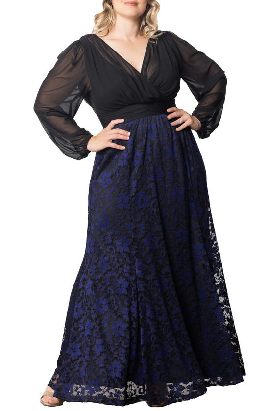 Kiyonna Mon Tresor Long Sleeve Lace & Chiffon Gown In Violet Noir