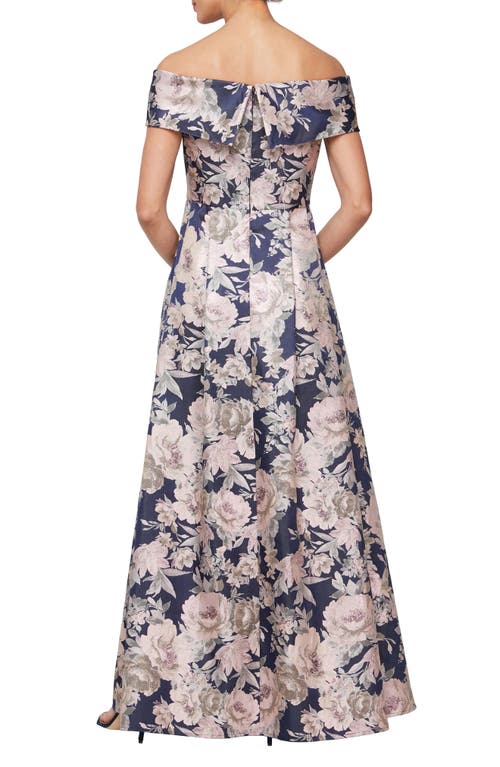Alex Evenings Floral Off The Shoulder Gown In Navy/ Pink