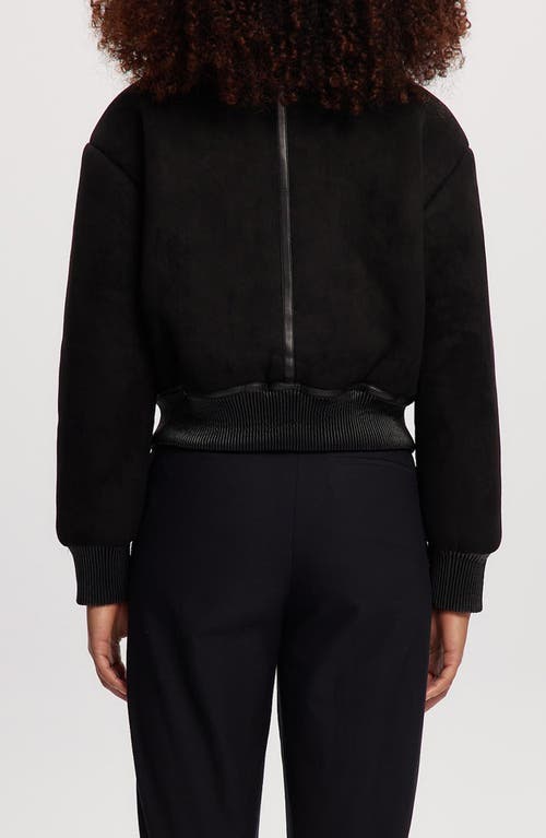 Noize Fannie Faux Fur Collar Faux Suede & Faux Leather Crop Bomber Jacket In Black