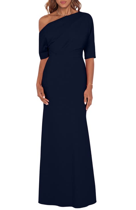 Xscape Off-the-Shoulder Ruched Ruched Waist Scuba Crepe Thigh High Slit  Gown