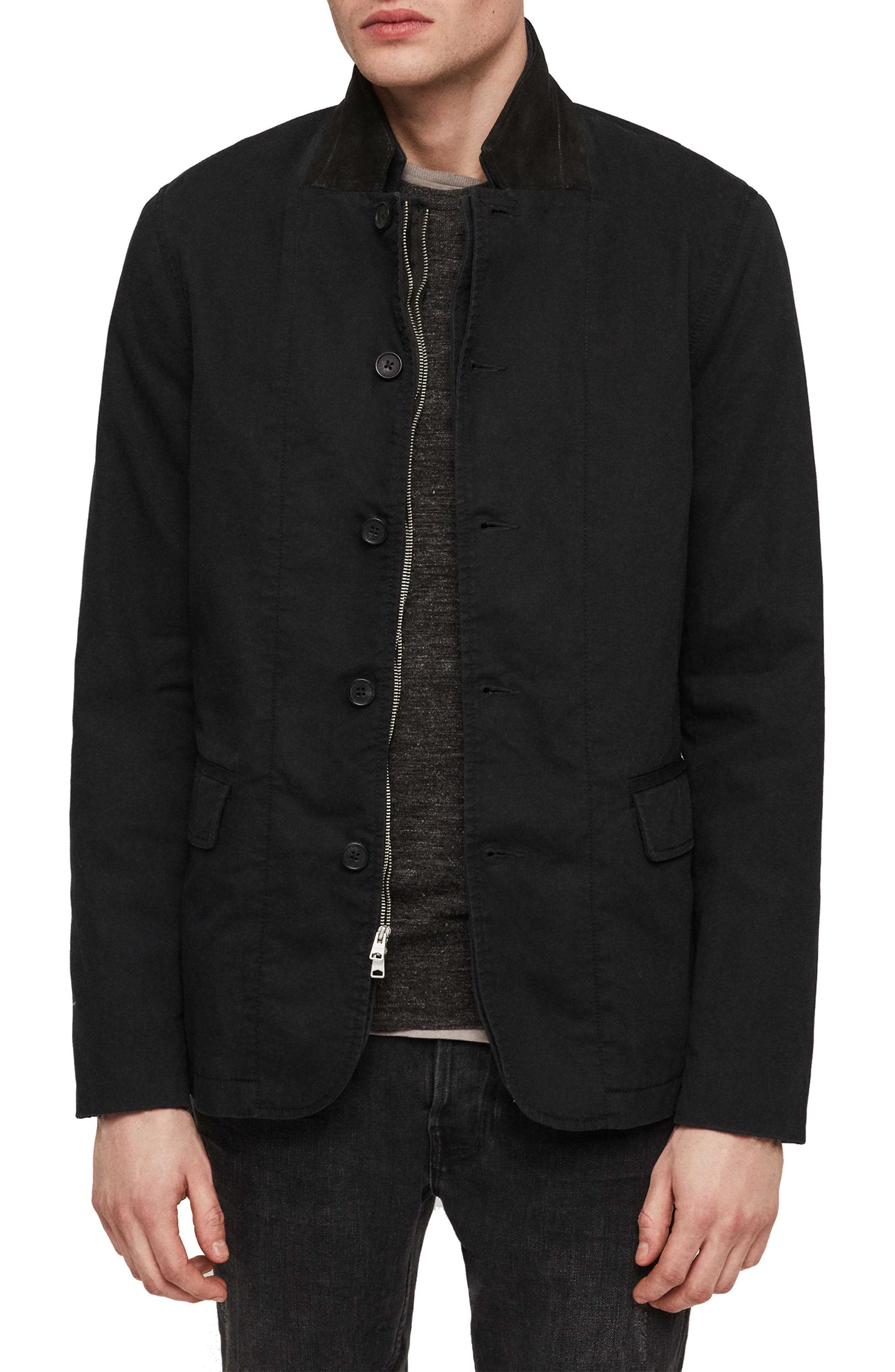 Allsaints Clymont Slim Fit Jacket With Suede Collar, Blue