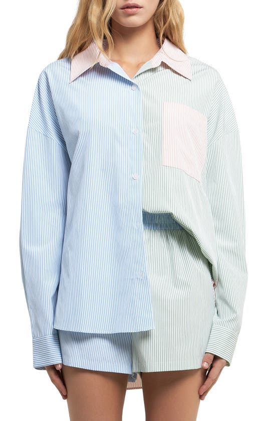 Shop English Factory Colorblock Stripe Cotton Blend Button-up Shirt In Multi Blue