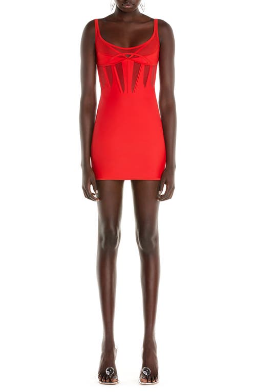 MUGLER Laser Cut Bonded Mesh Corseted Body-Con Minidress in Red