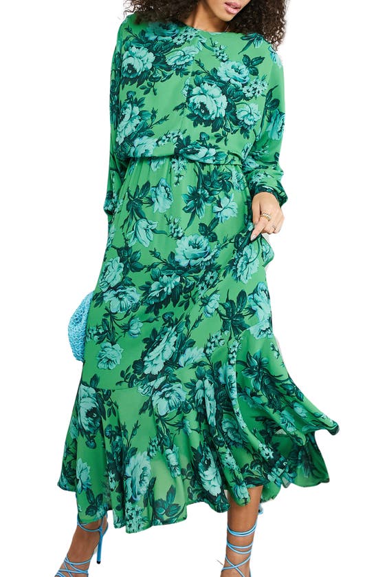 Asos Design Edition Floral V-back Long Sleeve Dress In Green Multi