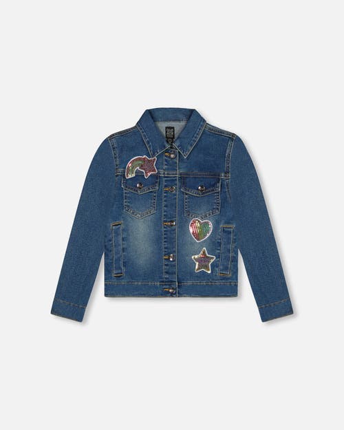 Shop Deux Par Deux Girl's Denim Jacket With Embroidery Patch In Navy Denim