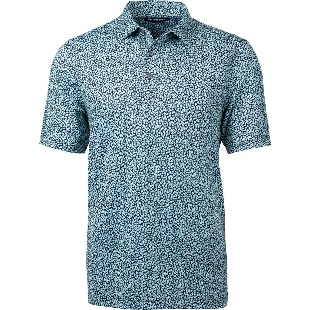 Cutter & Buck Magnolia Scatter Print Performance Polo In Fresh Mint/navy Blue