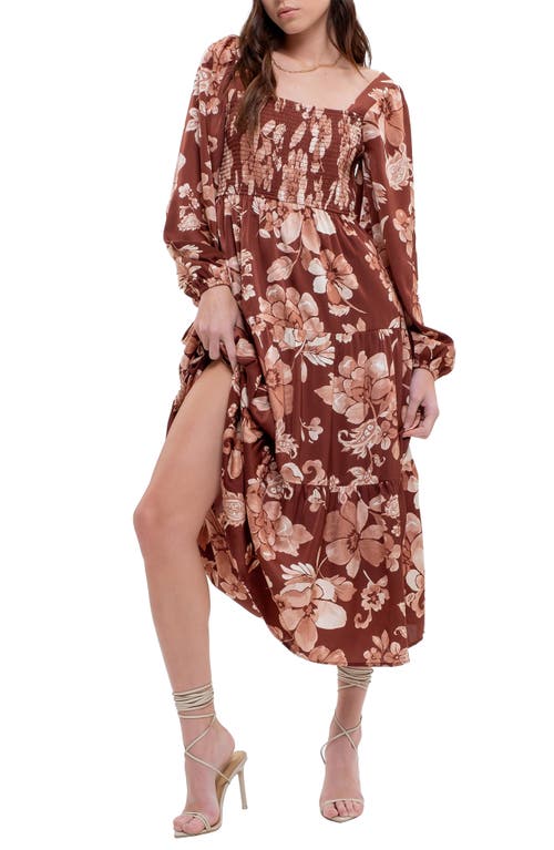 Shop August Sky Floral Long Sleeve Midi Dress In Burgundy Multi