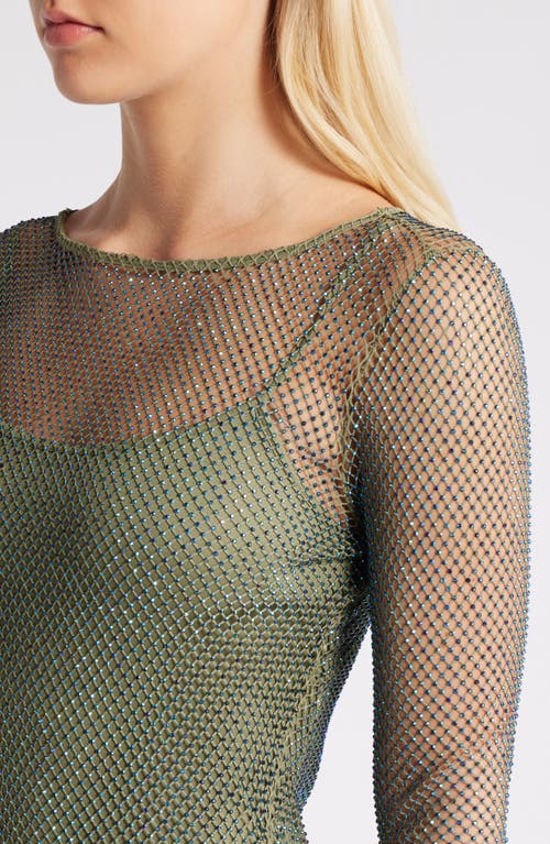 Shop Rare London Diamante Mesh Long Sleeve Minidress In Khaki