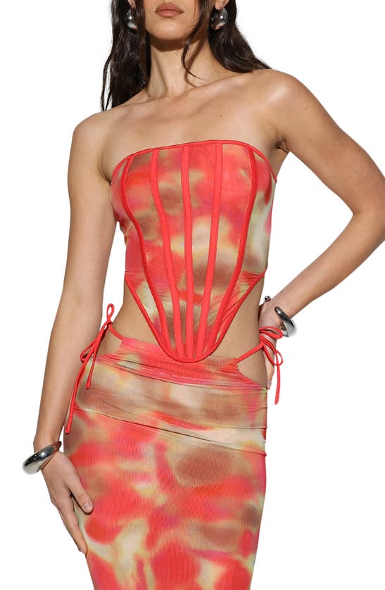 Shop By.dyln Khloe Corset Top In Red Printed Mesh