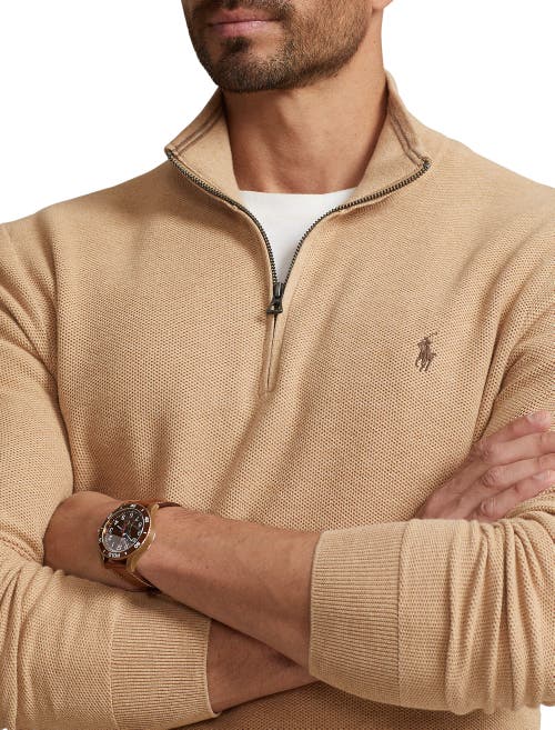 Polo Ralph Lauren Mesh-knit Cotton Quarter-zip Sweater In Camel Melange