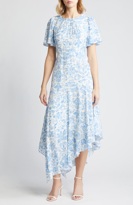 Zoe And Claire Paisley Asymmetric Hem Dress In Ivory/ Blue