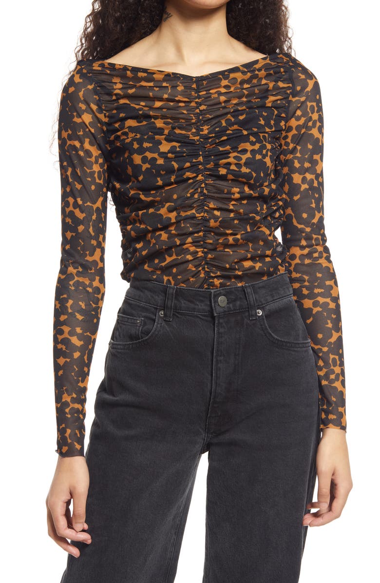NORDSTROM Cristina Martinez Ruched Print Top, Main, color, BROWN BLOOM SMUDGE