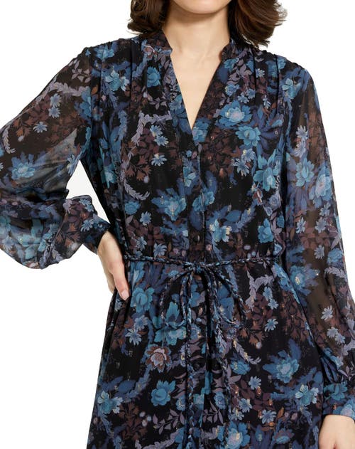 Mac Duggal Lurex Chiffon Bishop Sleeve Button Up Midi Dress In Black Multi