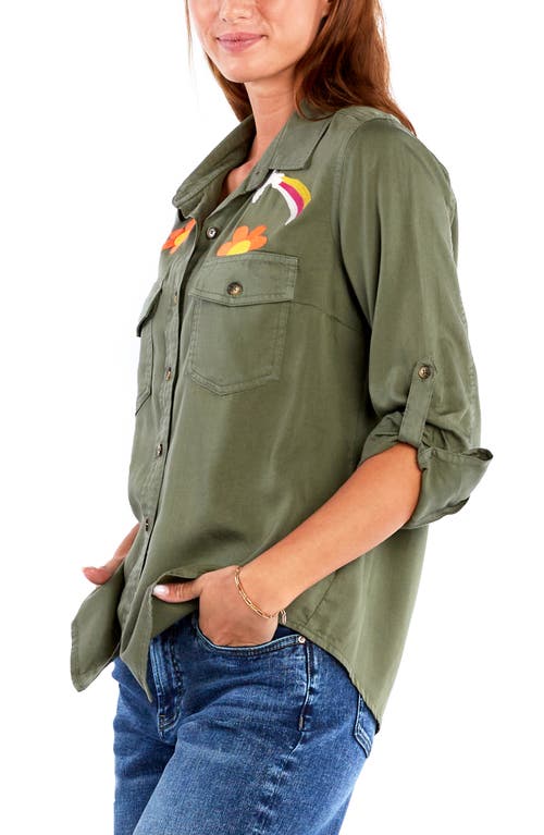 Billy T Peace & Love Embroidered Button-up Shirt In Soft Olive