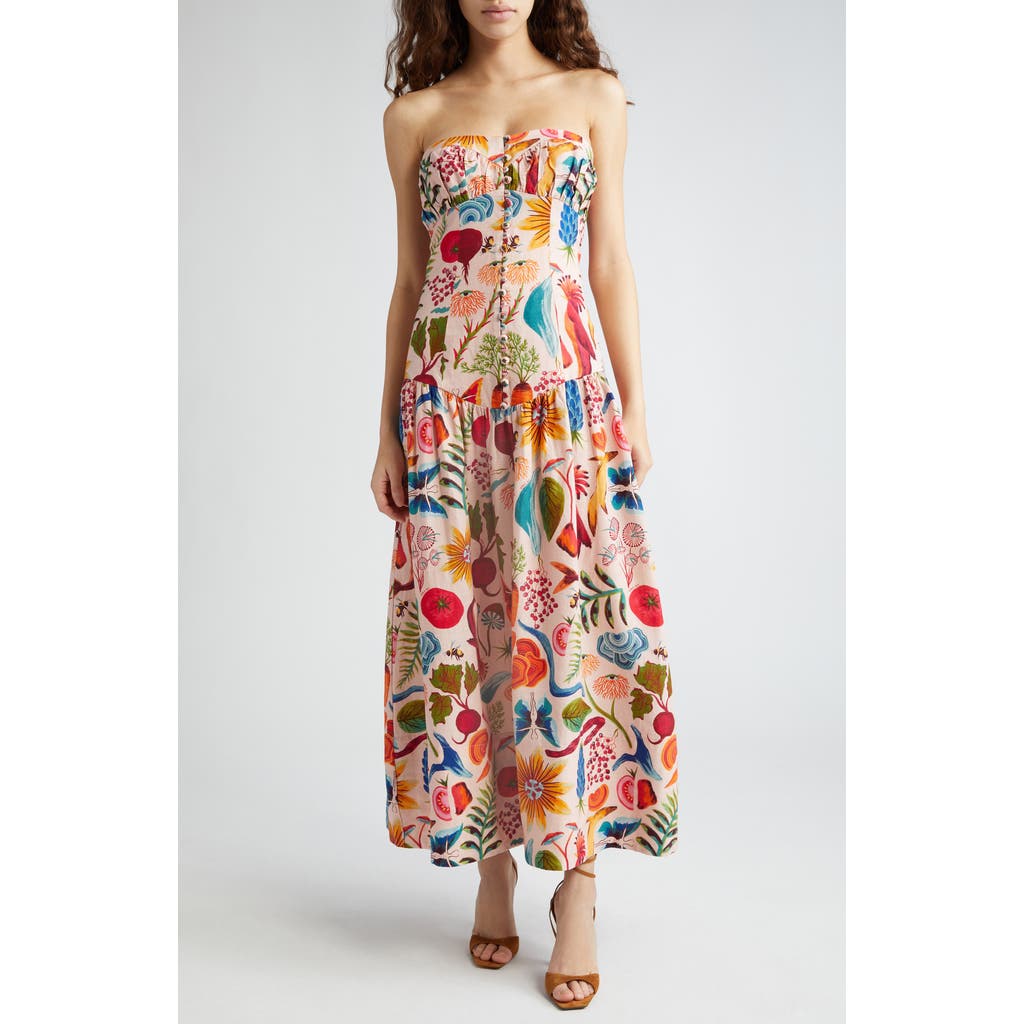 Shop Farm Rio Bright Farm Print Strapless Linen Blend Maxi Dress In Bright Farm Beige