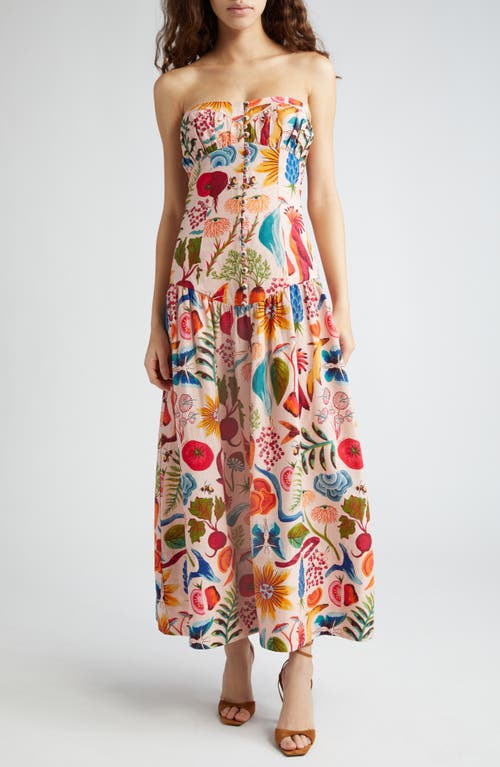 Farm Rio Bright Print Strapless Linen Blend Maxi Dress Beige at Nordstrom,