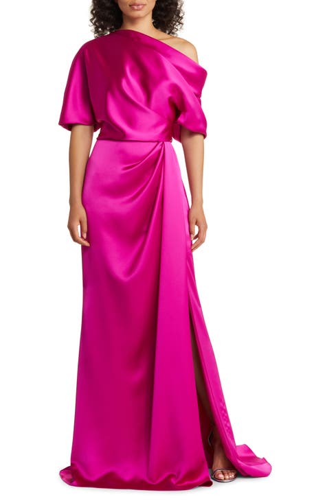 Gathered One-Shoulder Satin Gown
