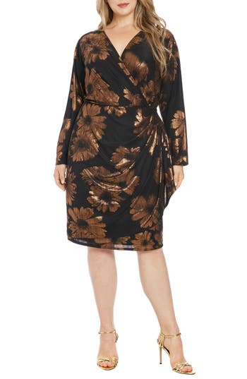 London Times Plus Size Foil-flower Faux-wrap Sheath Dress In Black Copper
